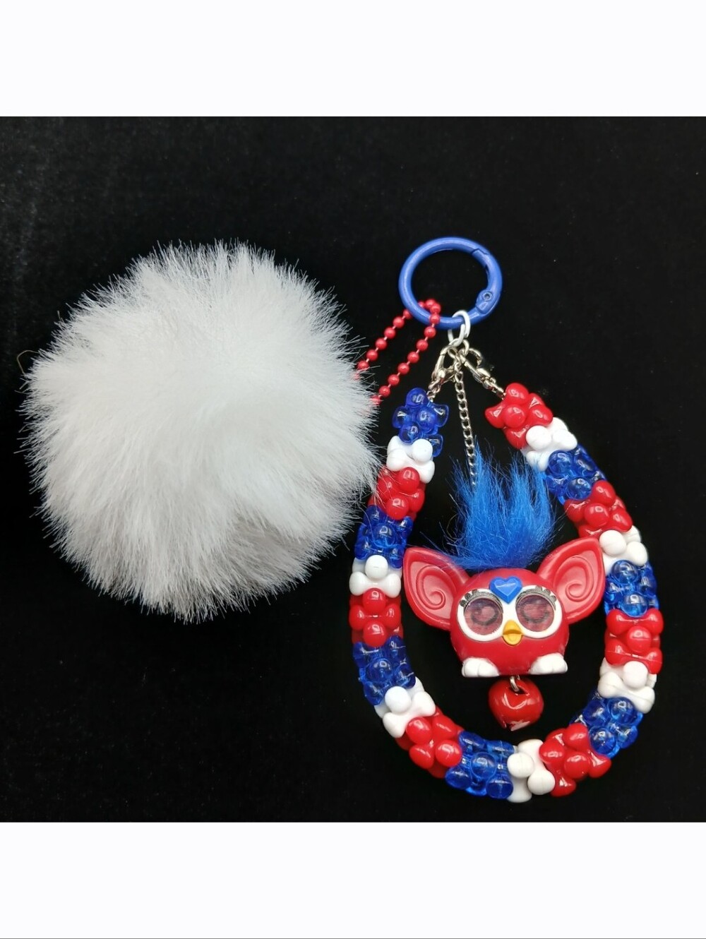 Handmade Custom Blue Furby Patriotic Color Bead Pom Pom Keychain Bag Charm